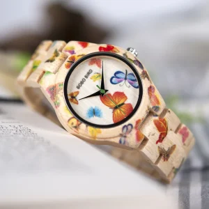 BOBO BIRD Montre en bois pour femme et fille, à quartz à motif floral et papillon